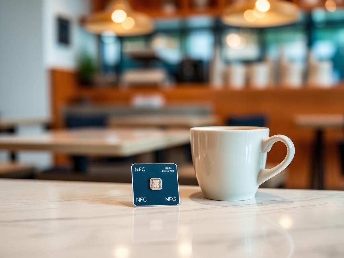 NFC-Bewertungs-Chip auf einem Cafétisch neben einer Tasse